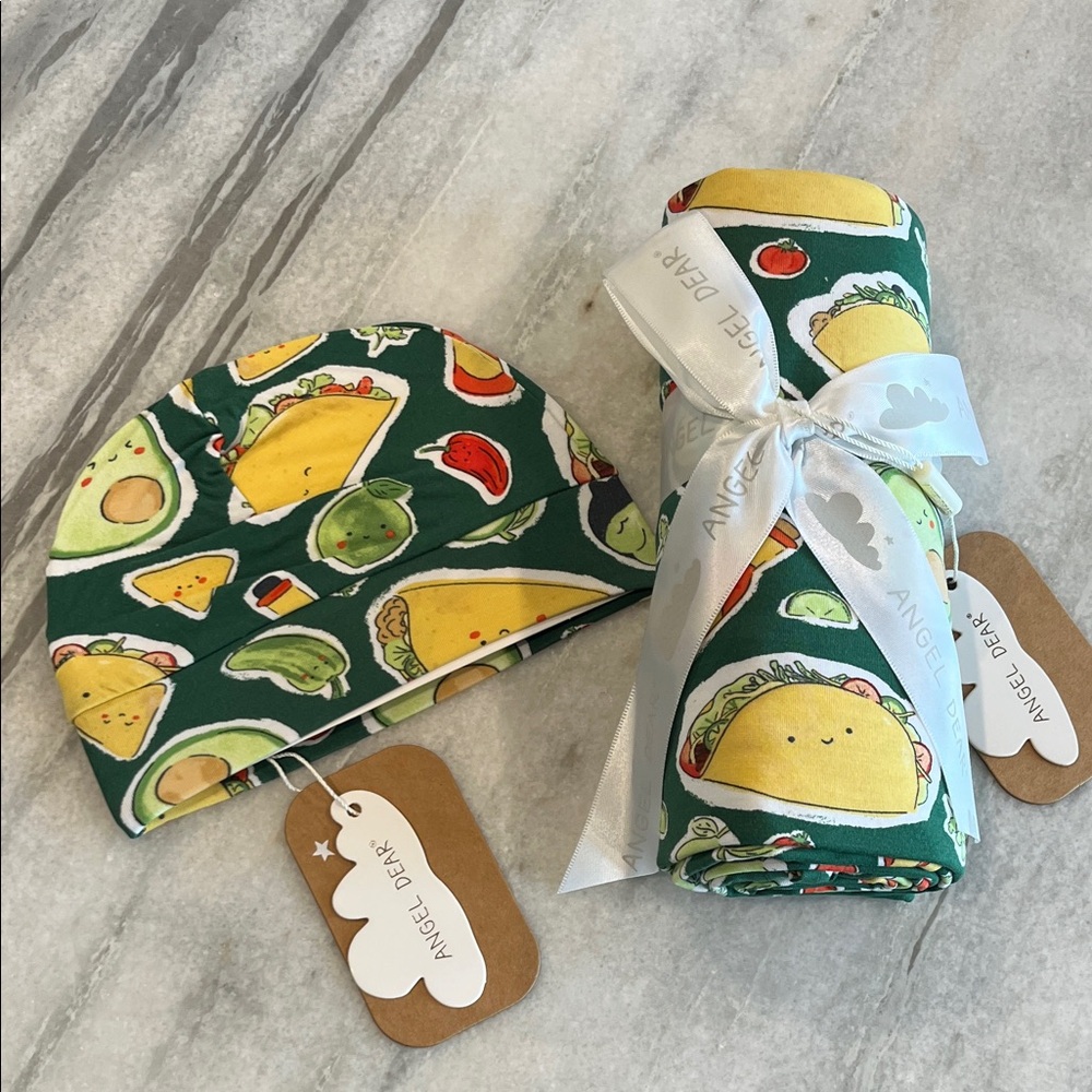 Angel Dear Green Taco Print Baby Hat and Blanket Set